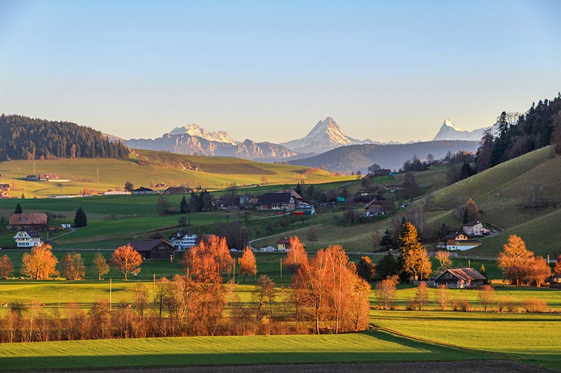 Toller Blick über die hügelige Landschaft in die Berner Hochalpen mit Wetterhorn, Schreckhorn und Finsteraarhorn. Bild: Alexandra Blatter