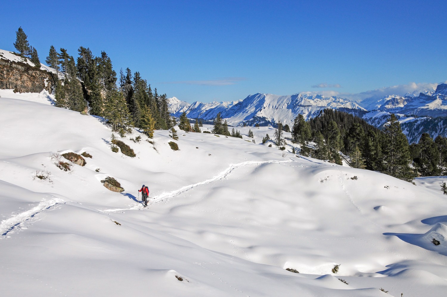 Einsam ists auf der langen Schneeschuhwanderung.