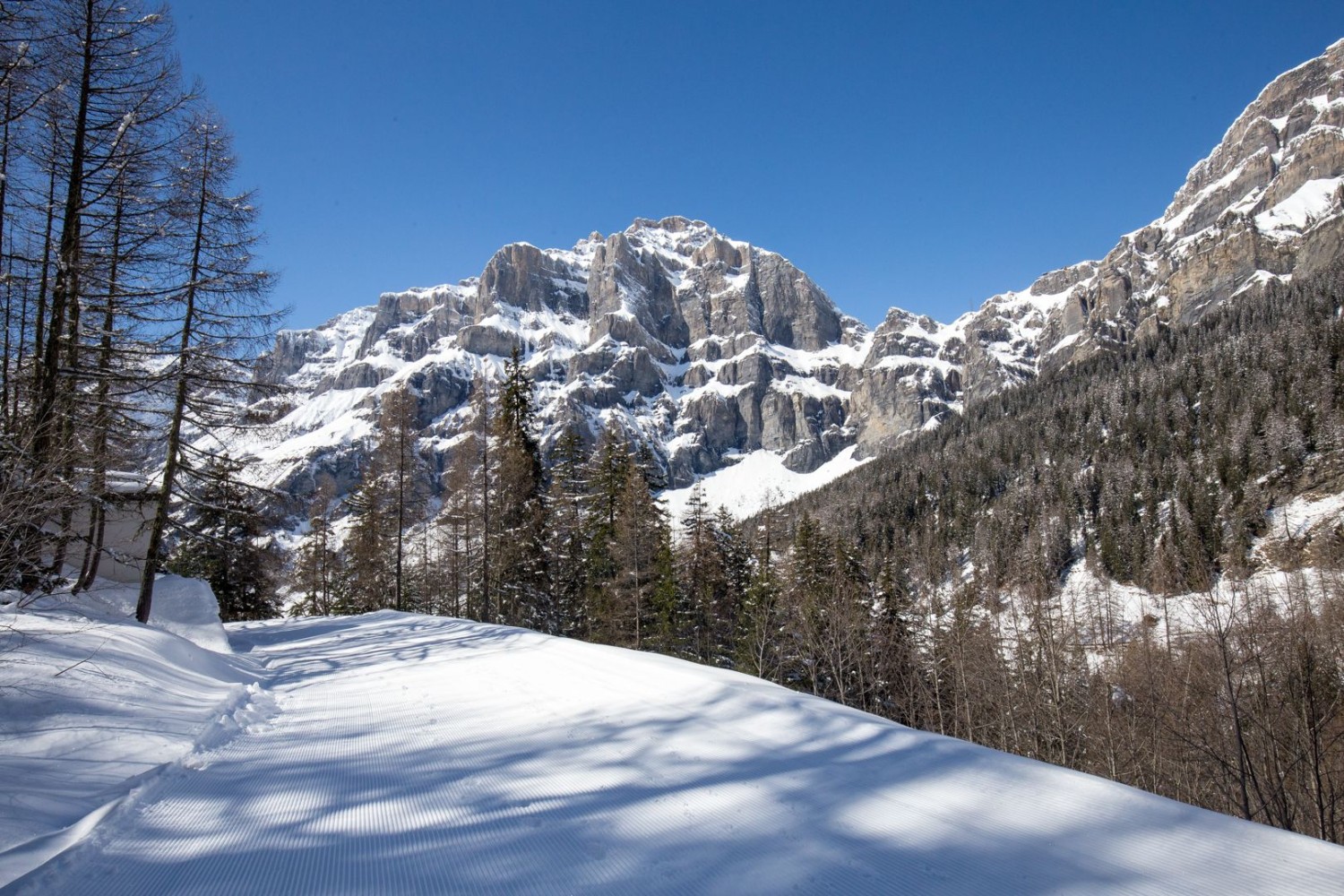 Cette randonnée hivernale offre une vue constante sur l’abrupt paysage de montagnes autour de Loèche-les-Bains.