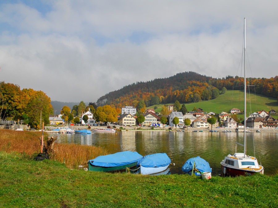 Le Pont s’étend sur une mince bande de terre entre le lac et les pentes du Jura.