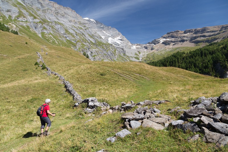 Fra Clabinualp e la cappella di Flüe il sentiero attraversa pascoli alpestri. Il passo alpino sullo sfondo, il Gitzifurggu, che porta nella Lötschental e nella Gasteretal. Foto: Markus Ruff