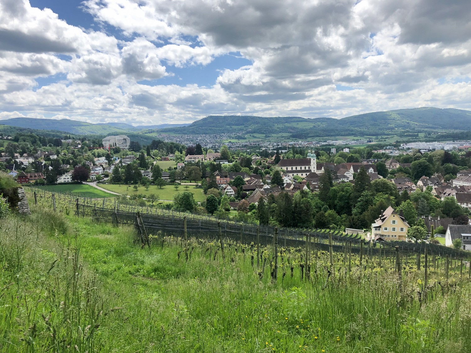 Schöne Aussicht auf Arlesheim und Dornach. Im Hintergrund ist schon das imposante Gebäude des Goetheanums sichtbar.