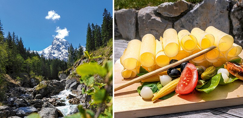 Reichenbachtal mit Wetterhorn; Plättli mit erstklassigem Hobelkäse vom Restaurant Schwarzwaldalp.