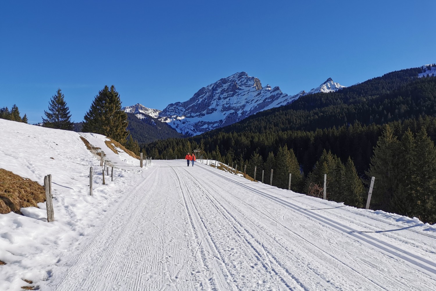 Sur la route du col enneigée, le massif des Diablerets en ligne de mire.