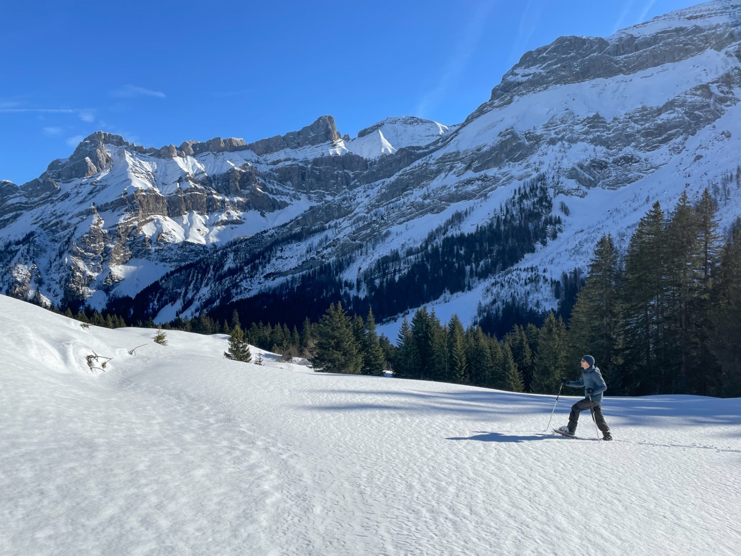 Au Rard: poudreuse, soleil et vue sur les parois abruptes du Gstellihorn. Photo: Rémy Kappeler