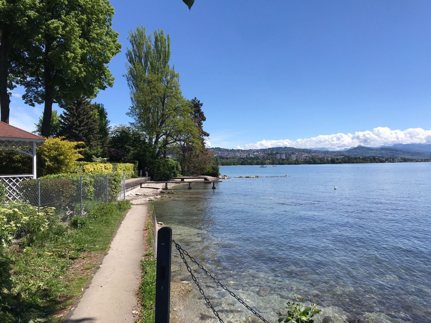 Blick Richtung Lausanne, vorbei an zahlreichen Bootsstegen und Uferplätzen