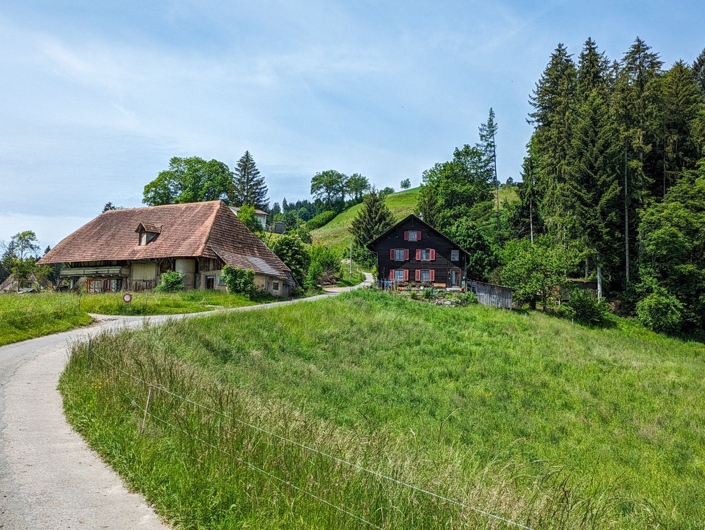 Zu Fuss geht es von Huttwil vorbei an Bauernhäusern inmitten saftiger Wiesen.